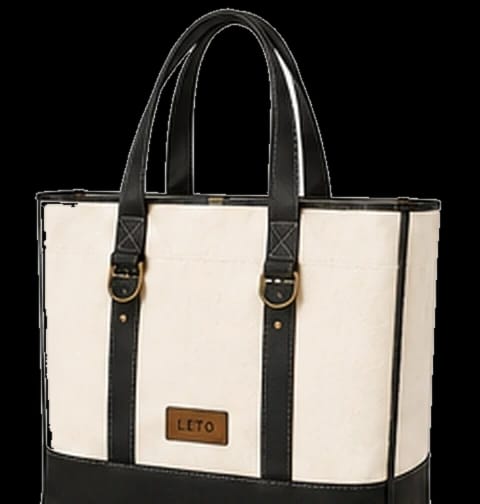 Premium canvas tote bag, Design 1, in ivory and black, front view