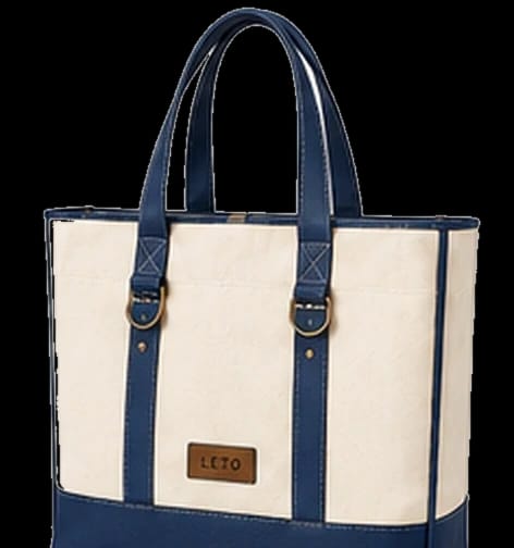 Premium canvas tote bag, Design 1, in ivory and navy blue, front view