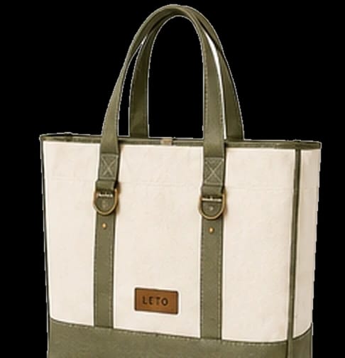 Premium canvas tote bag, Design 1, in ivory and olive green, front view