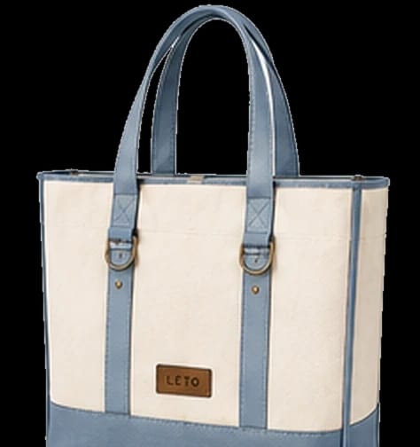 Premium canvas tote bag, Design 1, in ivory and sky blue, front view