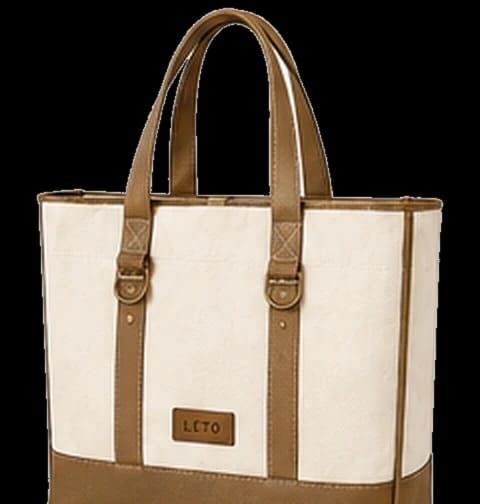 Premium canvas tote bag, Design 1, in ivory and tan brown, front view