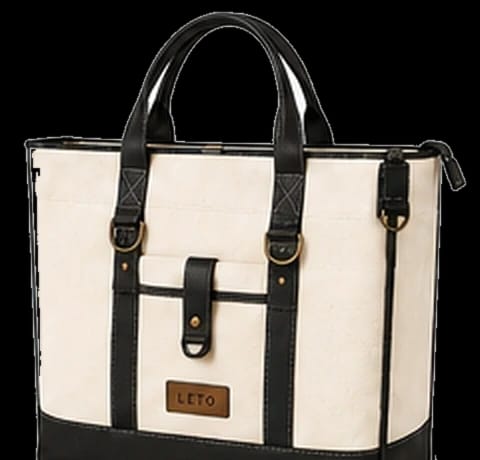 Premium canvas tote bag, Design 2, in ivory and black, front view