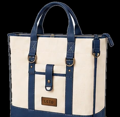 Premium canvas tote bag, Design 2, in ivory and navy blue, front view