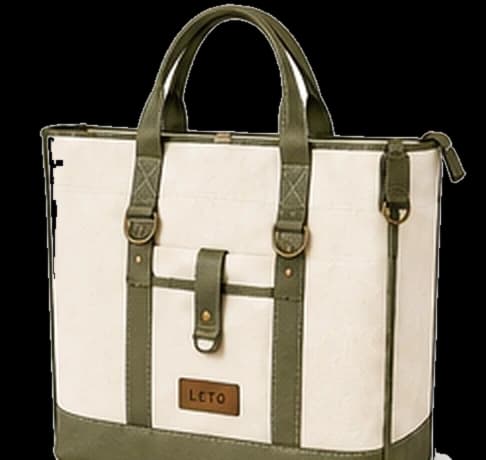 Premium canvas tote bag, Design 2, in ivory and olive green, front view