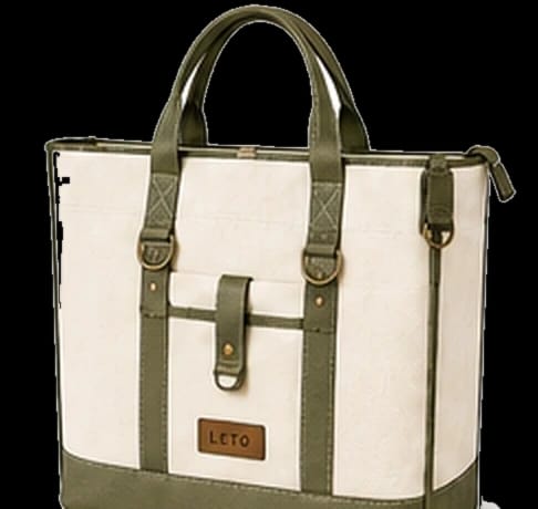 Premium canvas tote bag, Design 2, in ivory and olive green, front view