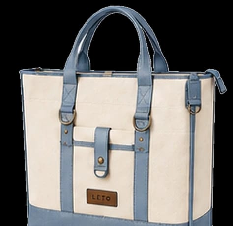 Premium canvas tote bag, Design 2, in ivory and sky blue, front view