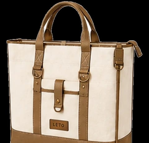 Premium canvas tote bag, Design 2, in ivory and tan brown, front view